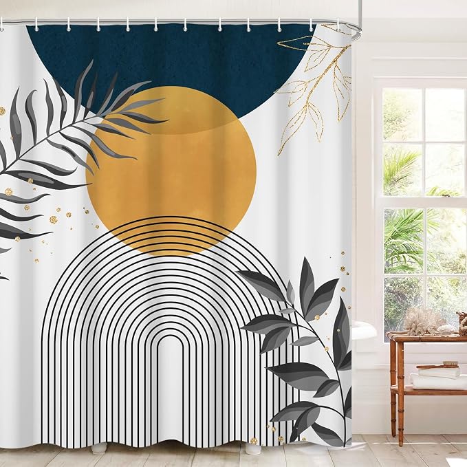 Boho Mid Century Shower Curtain, Orange Blue Modern Minimalist Abstract Geometric Gold Plant Leaves Arch Bathroom Curtains Waterproof Fabric Buthtub Curtain Set with Hooks 60" Wx72 L