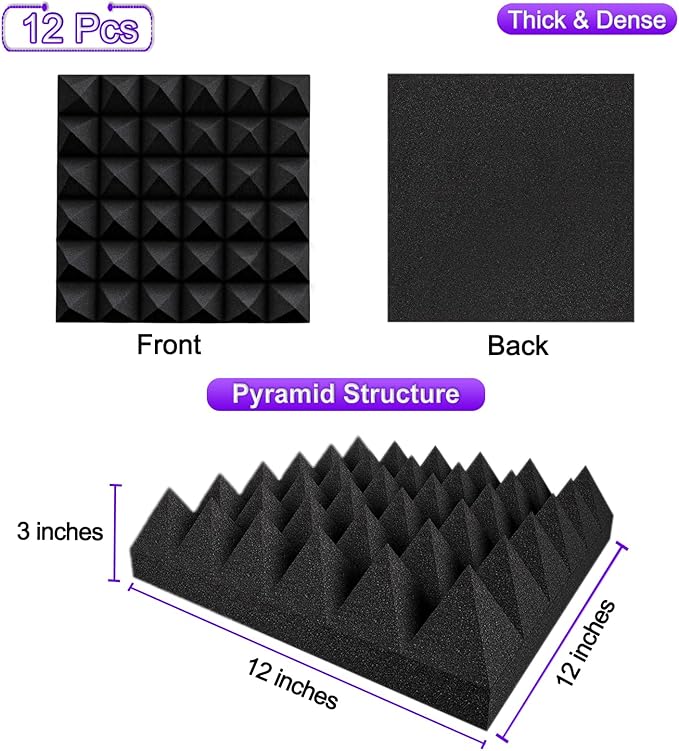 TroyStudio Thick Acoustic Foam Panels, 12 X 12 X 3 Inch, 12 Pcs Broadband Sound Absorbing, Dense Soundproof Padding Tile, Recording Studio Foam Absorber, Pyramid Decorative 3D Wall Ceiling Panel