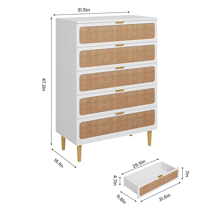 Garvee Rattan Dresser with 5 Drawers, Tall Modern Closet with Deep Storage, Large Chest of Drawers with Wide Top, Long Wooden Dresser for Bedroom, Living Room, Hallway, Kids Room, White