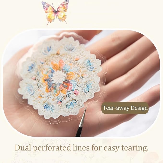AuriicLeaf Floral PET Sticker Set, 60PCS Transparent Butterfly, Lace, and Flower Stickers for Scrapbooking, Journaling, Planners and DIY Crafts