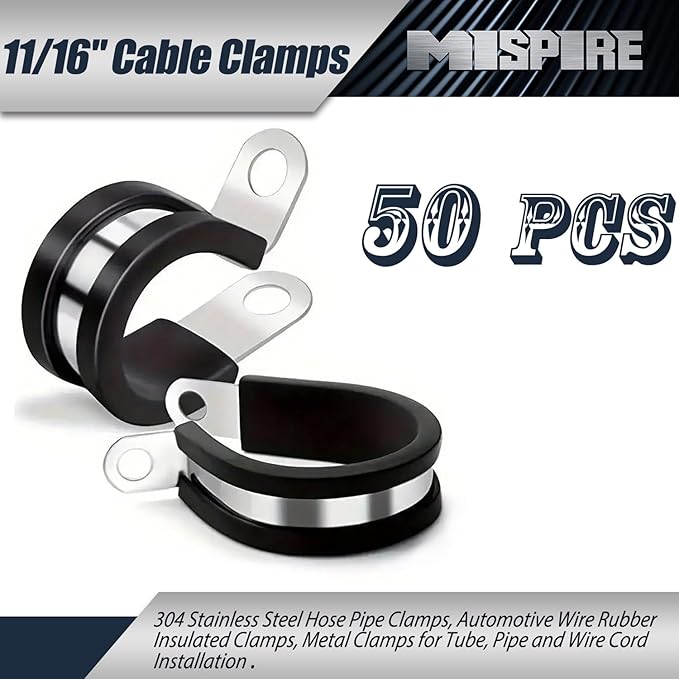 11/16 Inch Cable Clamps 50 PCS, 304 Stainless Steel Hose Pipe Clamps, Automotive Wire Rubber Insulated Clamps, Metal Clamps for Tube, Pipe and Wire Cord Installation