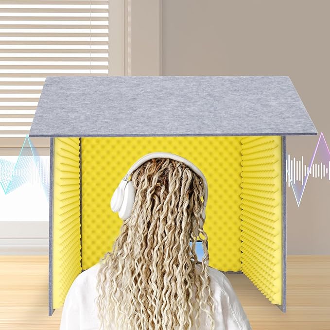 Desktop Soundproof Cover, Foldable Vocal sound absorbing shield, Isolation Booth for Voice Recording, Video Conferencing, Live Commentary, Musical Instrument Practice (Yellow+Gray)