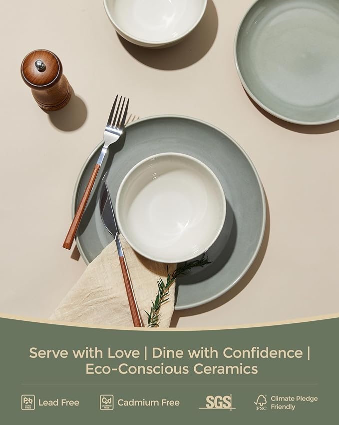 Pokini Plates and Bowls Sets for 8, 24 Piece Dinnerware Set for Large Families & Entertaining, Elegant Design, Dishwasher & Microwave Safe, Chip Resistant and Durable, Gray Green