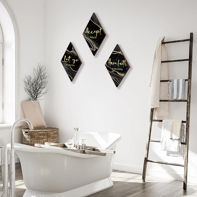 3 Pcs Black And Gold Bathroom Decor Gold Wall Decor with Accept Let Go Have Faith Quote Rustic Vintage Farmhouse Wooden Hanging Signs for Women Home Laundry Living Room Bedroom(Black Gold, 12 x 7Inch)