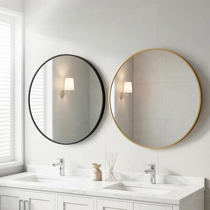 Sweetcrispy Round Bathroom Mirror for Over Sink, 28 Inch Wall Mounted Vanity Mirror with Matte Metal Frame, Decor for Bathroom, Entryway, Bedroom, Black