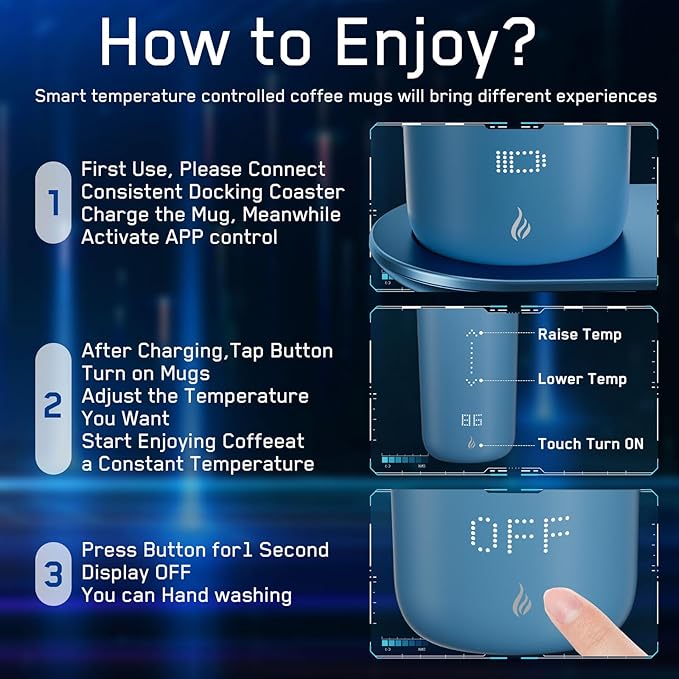 LEGARDLILIU Temperature Control Heated Coffee Mug Smart Self Heating Travel Mug 12 Oz App Controlled Warmer Mug 4-10 Hour LED Display Keep Coffee Hot Fast Wireless Charger Base Lake Blue