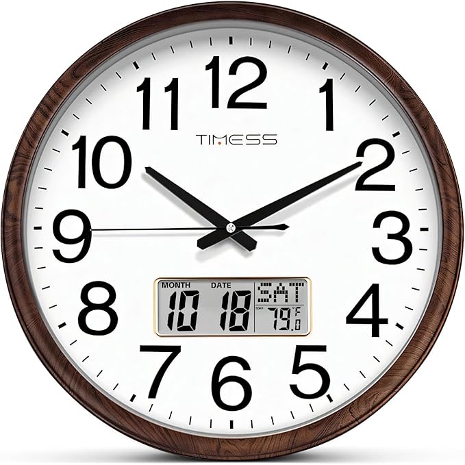 TIMESS Wall Clock, Classic Wood Style Finish, 11 Inch Non-Ticking Silent Battery Operated Quartz Analog with Perpetual Calendar and F° Temperature Display, Home, Office Décor (Wood Brown)