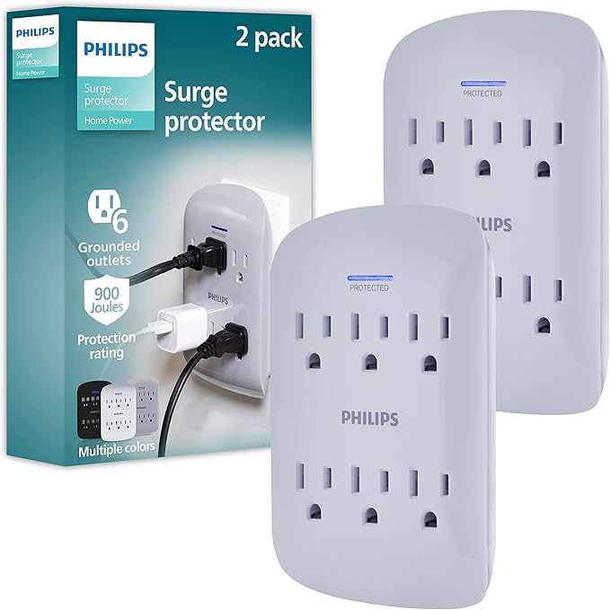 Philips 6-Outlet Extender Surge Protector, 900 Joules, 3-Prong, Space Saving Design, Protection Indicator LED Light, 2 Pack, Grey, SPP3466GR/37