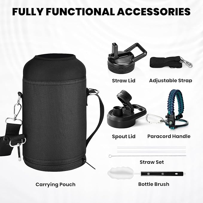 Insulated Water Bottle 64 oz, Triple Wall Vacuum Stainless Steel (Cold for 48 Hrs), Leak Proof & Non-BPA, Half Gallon Water Flask Jug with Paracord Handle & Straw Spout Lids, Cyan Blue