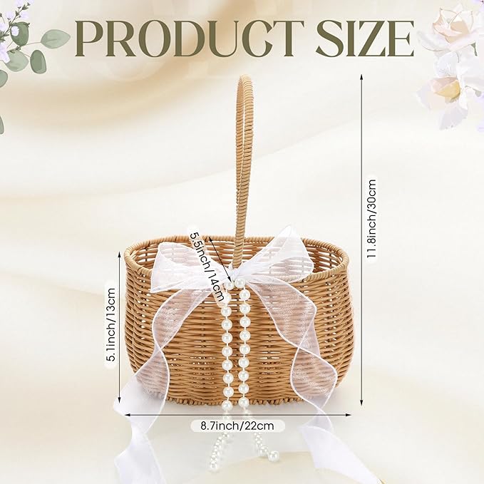2 Pcs Wicker Rattan Flower Girl Basket with Bows and Pearl 11.8x8.7x5.1 Inches Rustic Wedding Basket for Flower Girl, Hand Woven Willow Storage for Ceremonies Home Decoration (Classic)