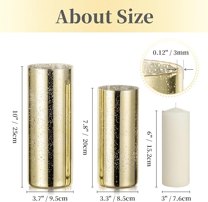 Glass Cylinder Vases Set of 2, Hewory Glittery Gold Vase for Centerpieces, Glass Hurricane Candle Holders for Pillar Floating Candle, Tall Round Vase for Wedding Anniversary Events Home Table Decor