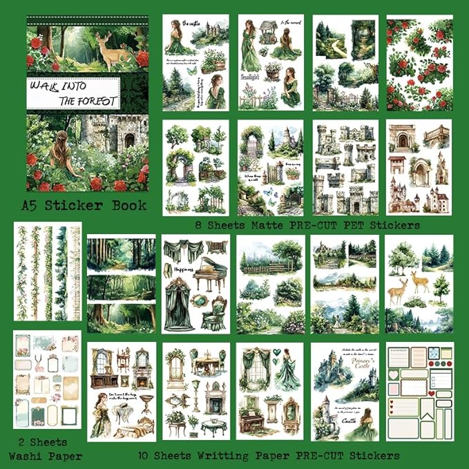 Dwpetzo Forest Woodland Castle Scenery Sticker Book for Journaling, 20 Sheets Precut PET Washi Materials Ephemera Stickers for Junk Journal Supplies, Scrapbooking, DIY Crafts Arts