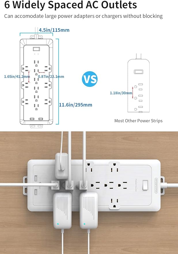 4000 Joules Surge Protector Power Strip, 12 Widely Spaced AC Outlets, Overload Protection, (1875W/15A) Heavy Duty Extension Cord 10 ft, Wall Mount, ETL Listed, Ideal for Home, Dorm Essentials, White