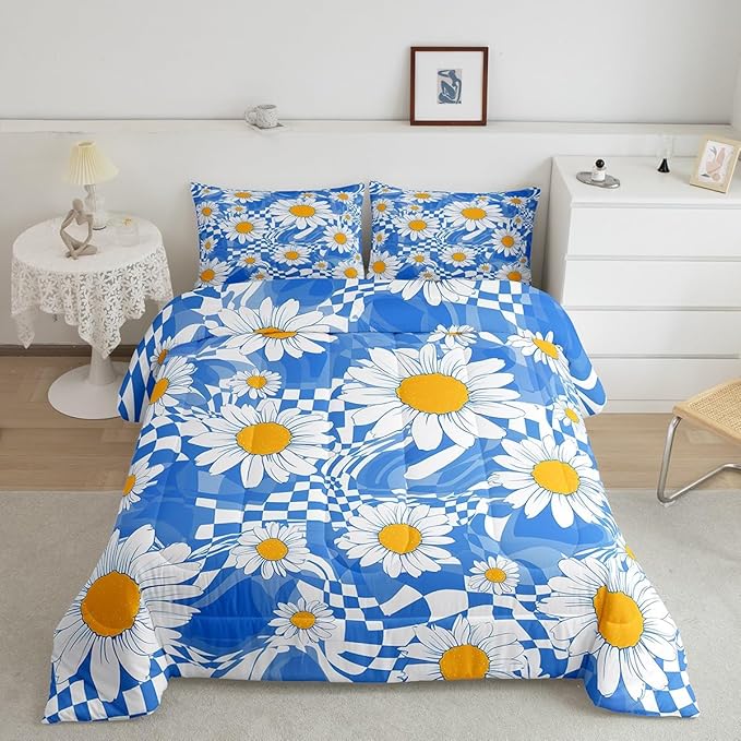 Castle Fairy Kids Abstract Bedding Comforters King Size,White Daisy Flowers Boys Girls Comforter Set Room Decor,Blue Zebra Stripes Geometric Plaid Modern 3pcs Bedding Set Chic Xmas Present