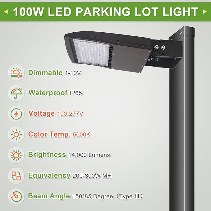LED Shoebox Flood Lights 100W, 14000LM Dimmable LED Parking Lot Lights, 5000K Surge Protection LED Stree Lights with Yoke Trunnion Mount DLC UL