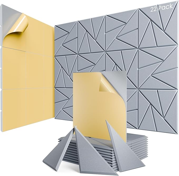 22 Pack Acoustic Panels with Self-Adhesive, 12"X 12"X 0.4"Sound Proof Foam Panels, Sound Panels High Density, Soundproof Wall Panels for Home Studio Office Smoke Gray