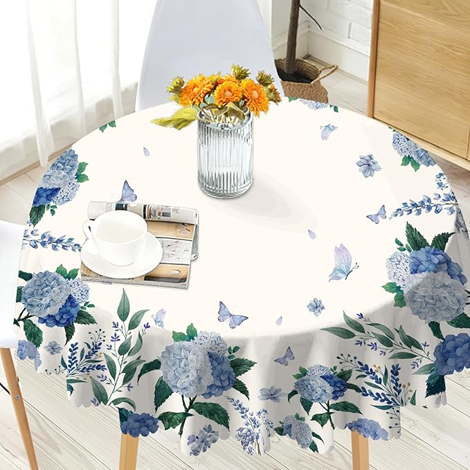 Eikione Round Tablecloth, Summer Tablecloths Polyester Waterproof Stain Wrinkle Free, Indoor and Outdoor Table Cover for Kitchen Party Dining Table