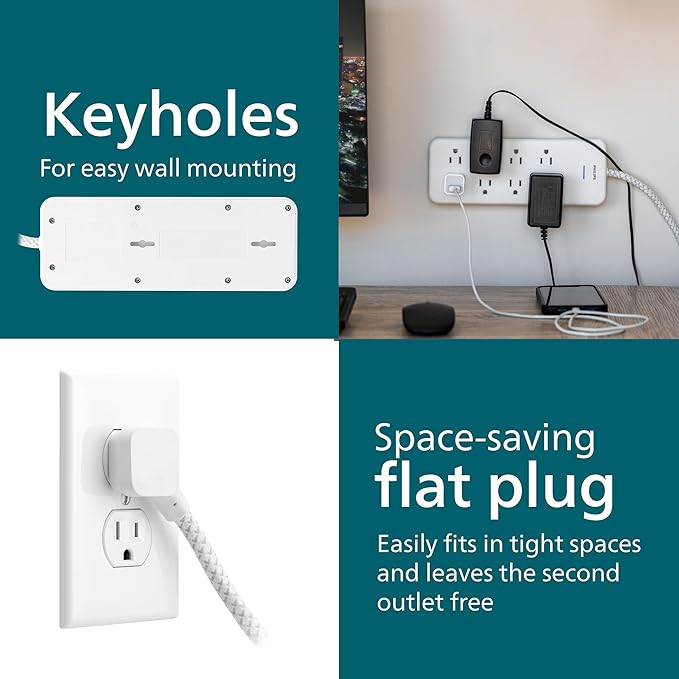 Philips EZFit 8-Outlet Surge Protector Power Strip, 8 Ft Braided Extension Cord, Widely Spaced Outlets, Flat Plug, for Home Office Dorm Essentials, 2160 Joules, White, SPP3673W/37