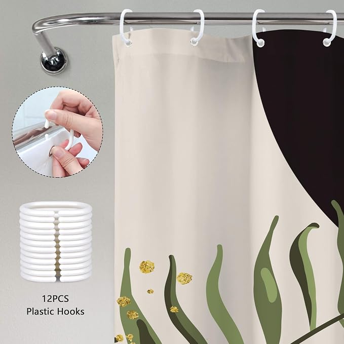Dark Green Boho Shower Curtain 72Wx84H Extra Long Black Green Modern Bohemian Abstract Plant Leaves Bathroom Decor Minimalist Geometric Neutral Bath Curtain Fabric Polyester 12 Pack Hooks