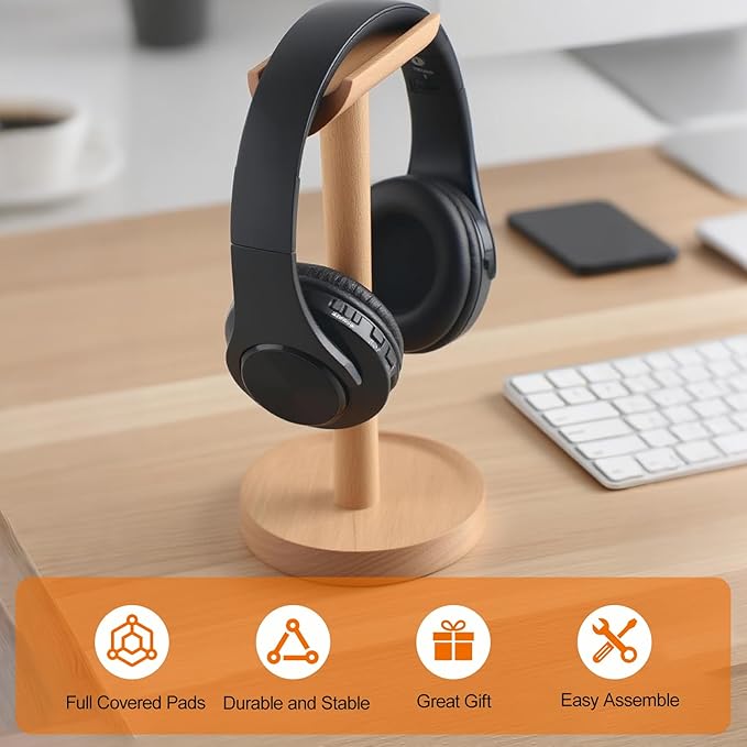 Yookin Wood Headphone Stand Headset Stand for Deak Universal Headphone Holder with Storgae Base Handcrafted Desk Organizer for Gaming Headsets(Beech Wood)