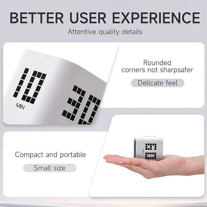 Exlliy Rotating Productivity Timer 5, 10, 30, 60 Minutes Preset, Desk Cube w/Gravity Sensor for ADHD, Mute Functions, Ideal for Work, Study, Kitchen, Back to School (White)