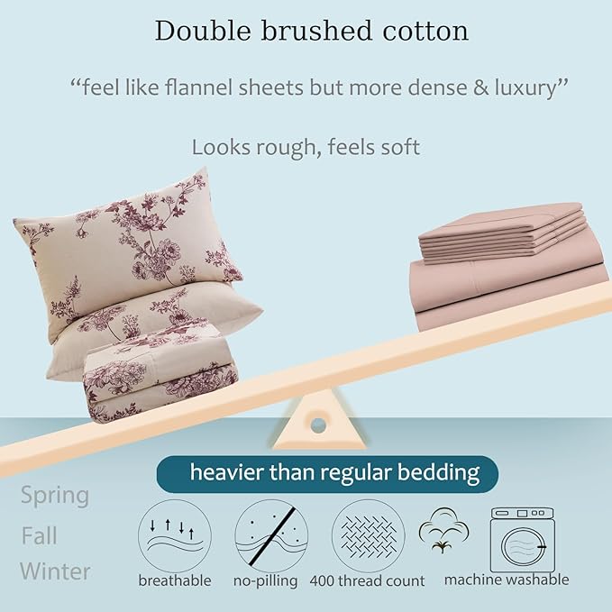 Zusbest California King Sheet Sets 100% Percale Cotton Red Floral Bed Sheet, Brushed Extra Softness, Breathable Toile Flannel Like Sheets Shabby Vintage Flower Print Deep Pocket Sheets 17.5'' 4 Pcs
