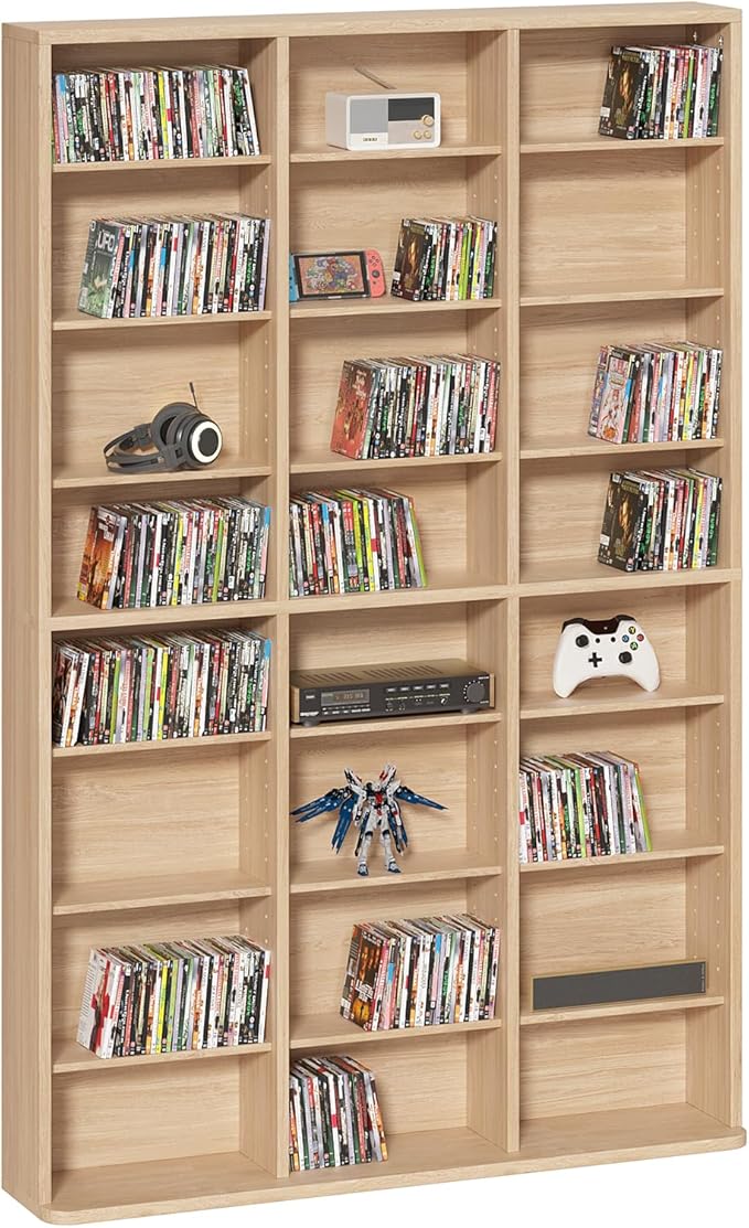 LELELINKY 8 Tier Tall Display Cabinet, Natural Media Storage Cabinet with Adjustable Shelves, Free Standing DVD Organizer Shelf, Floor multimedia storage manga bookshelf for Living Room & Home Office.