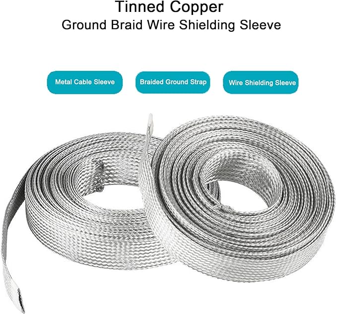 Cable Shielding Sleeve EMI RFI Shielding Tinned Copper Braid Wire Sheathing Metal Grounding Strap Mesh ESD Protection Flat Expandable Flexible (3/4" W(0.48" ID)-20FT)