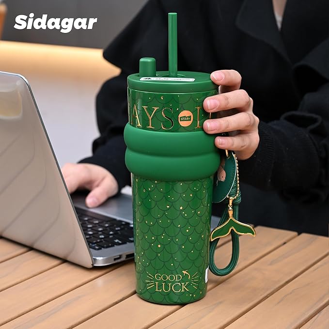 24 oz Tumbler with Lid and Straw, Insulated Coffee Mug Leak Proof, Portable Iced Travel Water Bottle, Reusable Thermal Coffee Cup, Gifts for Women, Emerald Green
