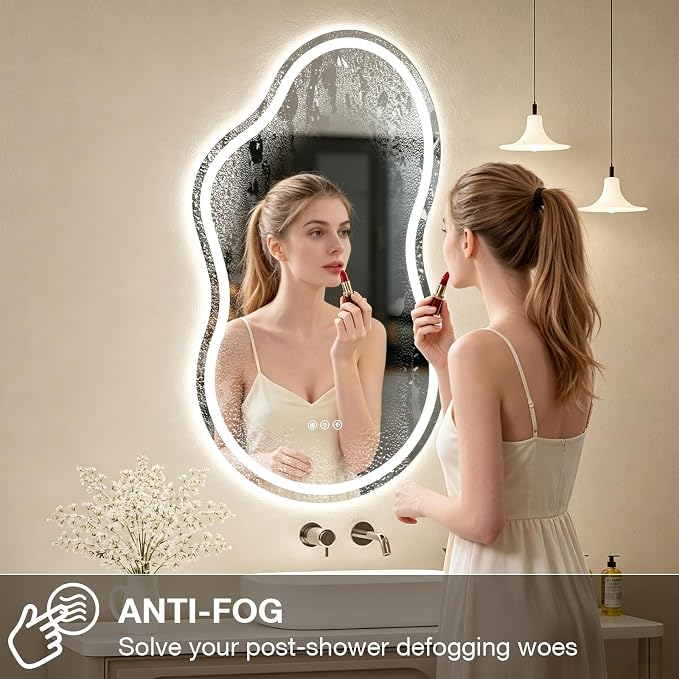 Cloud Shape Asymmetrical LED Vanity Mirror with Lights, 48"x27" Fogless Lighted Bathroom Mirror, 4mm Tempered Glass, Dimmable 3-Color & Memory Function, Wall Mounted (Horizontal/Vertical)