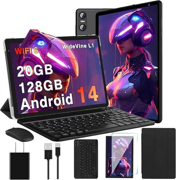 2025 Tablet, 10 Inch Android Tablet 20GB RAM+128GB ROM+1TB Expand, Octa-Core Android 14 Tablets with Keyboard, Mouse, HD IPS Touchscreen, 6000mAh, BT 5.0, WiFi 6, Widevine L1, Split Screen -Black