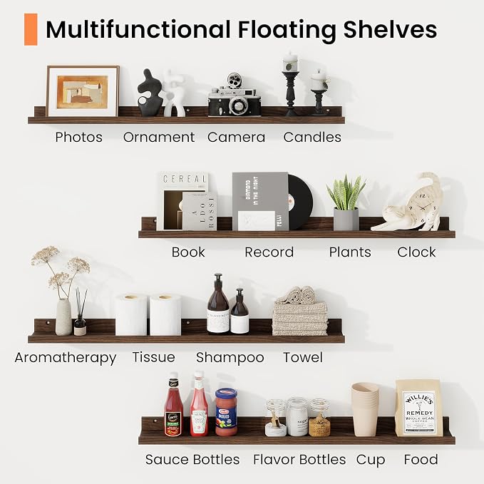 RICHFOCUS Picture Ledge Shelf, 16 inch Floating Shelves Set of 2, Wood Wall Shelves with Lip, Wall Decor Storage for Bedroom Living Room Bathroom Kitchen Nursery Photo Picture, Walnut