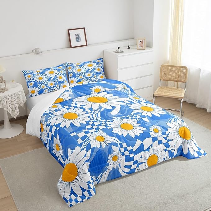 Castle Fairy Kids Abstract Bedding Set for Boys Girls,White Daisy Flowers All Season Cozy Comforter Set Home Decor,Blue Zebra Stripes Geometric Plaid Duvet Set for Chic Birthday Gift, Full Size