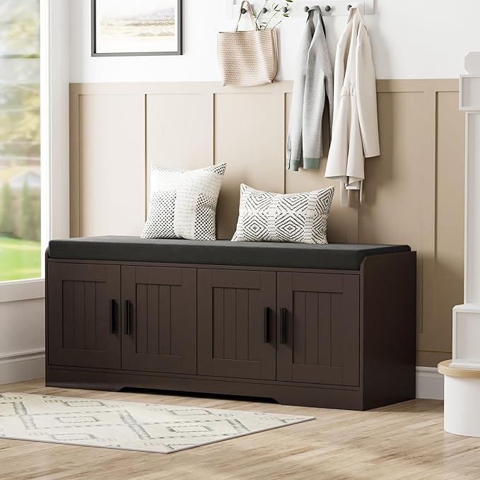 2-Tier Storage Bench, Shoe Bench with Thickened Padded Seat Cushion, Entryway Bench with 4 Doors, Adjustable Shelf, 13.8" D x 45.3" W x 18.5" H, for Entryway, Living Room, Bedroom, Brown