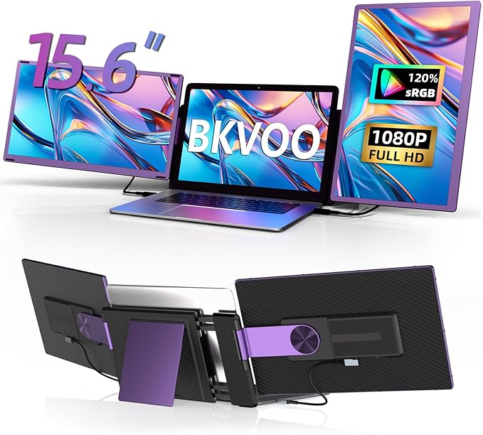 BKVOO 15.6" Laptop Screen Extender Monitor - Detachable Triple Monitor FHD 1080P IPS 120% sRGB 235° Rotation Travel Extra Screen Compatible with Wins Mac Chrome Dex Fits 13-17" Laptop