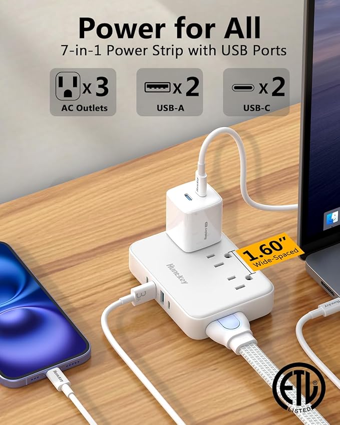 Innovative Power Strip, Cord Removable Design, Huntkey 3 Outlets Non Surge for Cruise, Travel Power Strip with 4 USB Ports (2 USB-C, 2 USB-A), ETL Listed, Customize Cord Length