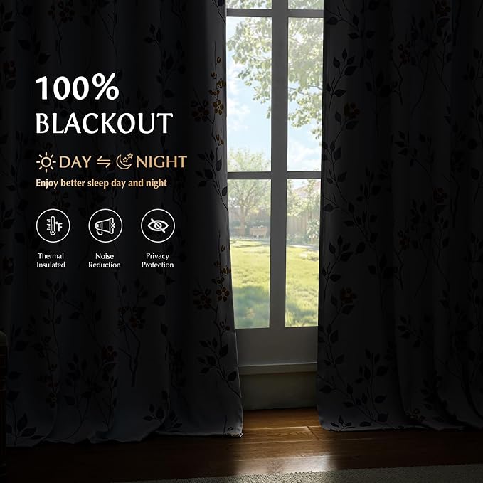 Beauoop Floral 100% Blackout Curtains 108 Inches Long 2 Panels for Bedroom Living Room Yellow Grey and White Flower Patterned Room Darkening Thermal Soundproof Grommet Window Treatments Drapes