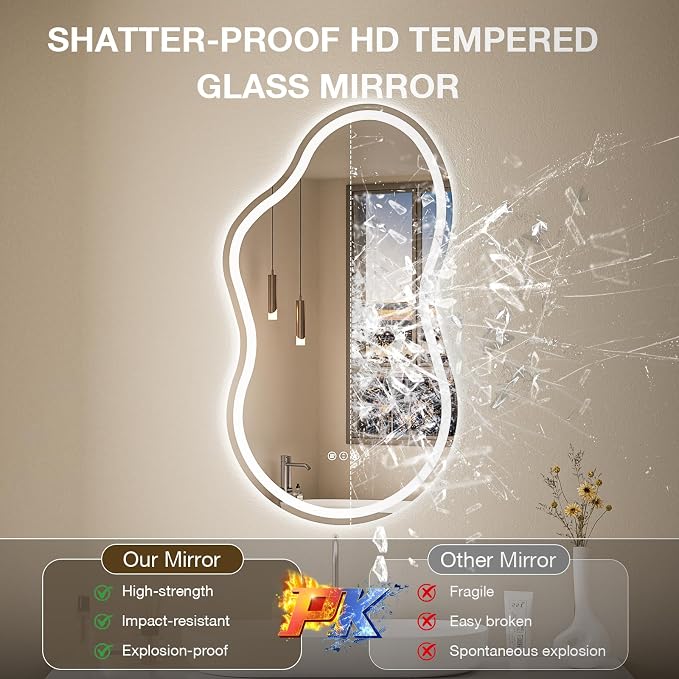 Cloud Shape Asymmetrical LED Vanity Mirror with Lights, 36"x24" Fogless Lighted Bathroom Mirror, 4mm Tempered Glass, Dimmable 3-Color & Memory Function, Wall Mounted (Horizontal/Vertical)