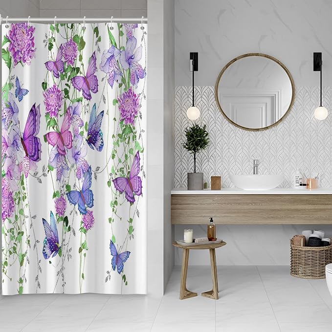 Violet Butterfly Floral Shower Curtain Spring Lavender Shower Curtain Lilac Pink Floral Bathroom Decor Waterproof Polyester Fabric with 10 Hooks,54x72 Inches