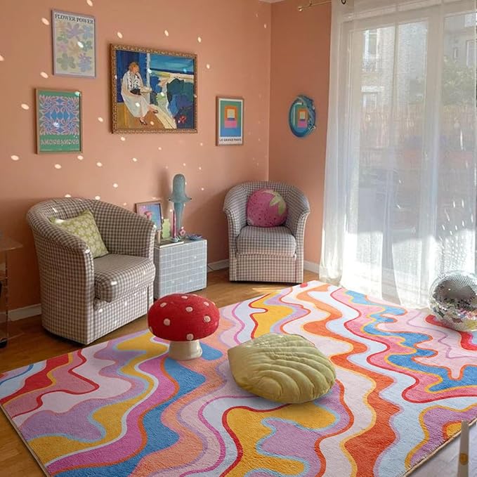 Colorful Pink Blush Rug Washable, Ultra Thin Flatweave 3x5 Small Throw Carpet Non Slip for Kitchen Entryway Indoor Bedroom Bathroom, Groovy Aesthetic Funky Accent Nursery Rug