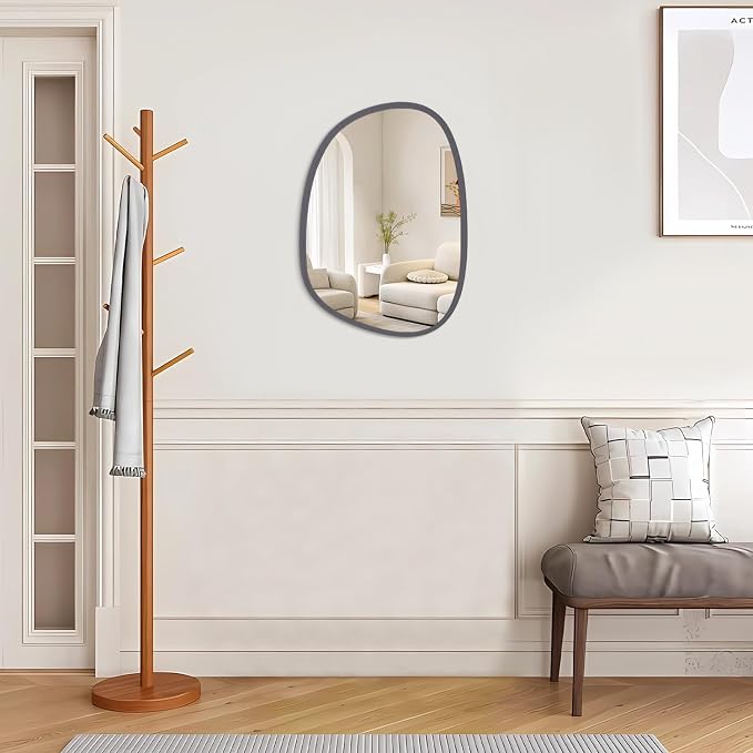 Irregular Wood Frame Asymmetrical Oval Mirror - Unique Modern Wall Mounted Artistic Mirror for Bathroom, Bedroom, Living Room & Entryway - Decorative 16"x12" Grey