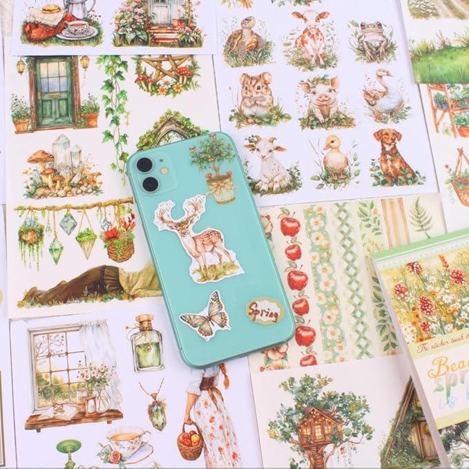 Dwpetzo Spring Cottage Scenery Scrapbook Stickers, 20 Sheets A5 Pre-Cut PET Washi Stickers Book for Journaling, Junk Journal Supplies, Bujo, Collage, Crafts Arts