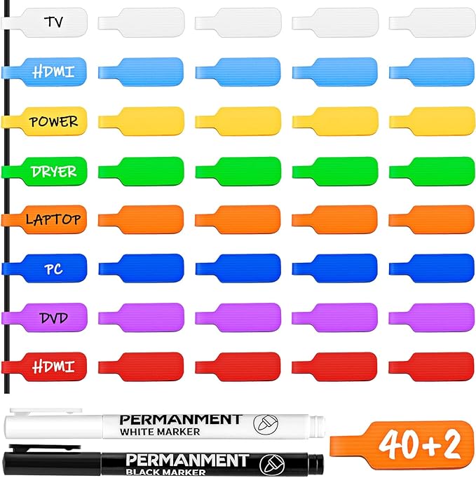 40 Pcs Cable Labels with 2 Colors Fine Point Marker, for Organizing Wires and Identification, Multicolored Handwriting Cord Labels, Reusable with Multiple Uses - Large Size