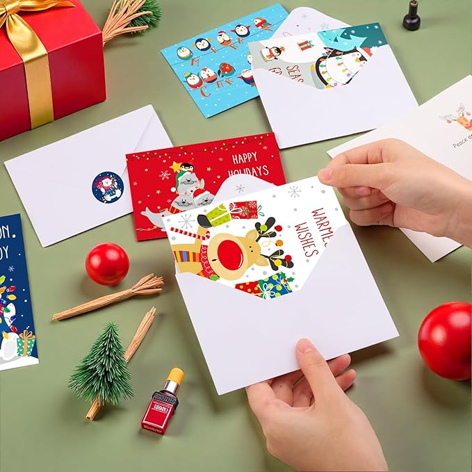 Thboxes Christmas Cards with Envelopes & Stickers, 36 Pack 4x6 Inch Merry Christmas Cards, Funny Holiday Card, 6 Assorted Designs Greeting Card for Xmas