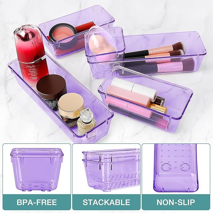 23 PCS Drawer Organizer Set, 5 Varied Size Bathroom and kitchen Drawer cabinet organizer Trays, Clear Storage Bins for Makeup, Jewelry, Utensils and Gadgets, Purple
