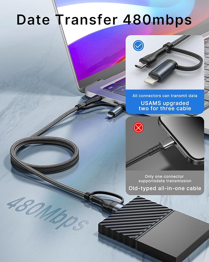 4 in 1 Charging Cable, Fast USB C Cable Data Type C Charger 60W Lightning Cable Adapter USB C to USB C Cable for iPad Charger Fast Multi Charging Cord Fits iPhone 16 15/15 Pro/15 Plus/14 Pro Max,6FT