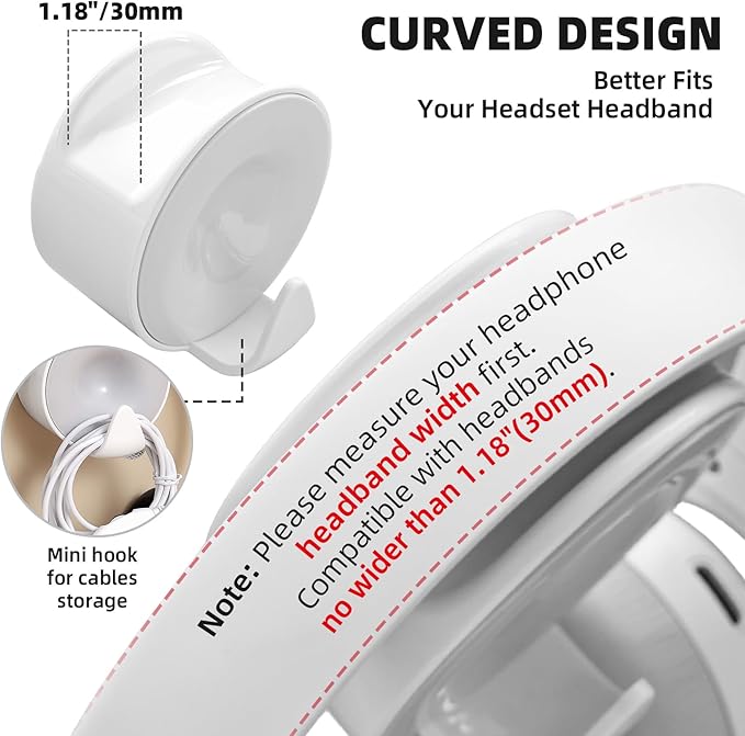 Aenfaiy Headphone Holder Wall Mounted, Under Desk Adhesive Headphone Hook, White Gaming Headset Stand Hanger for Desk with Cable Hook, Fits Slim On-Ear & Over-Ear Headphones| Headband Width Up to 30mm