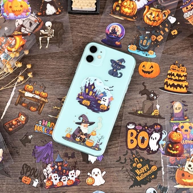 Dwpetzo Transparent Halloween Scrapbook Stickers Book, 20 Sheets Diecut PET Stickers for Journaling, Purple Vintage Spooky Theme for Scrapbooking, Junk Journal Supplies, Planner, Bujo, Crafts Arts