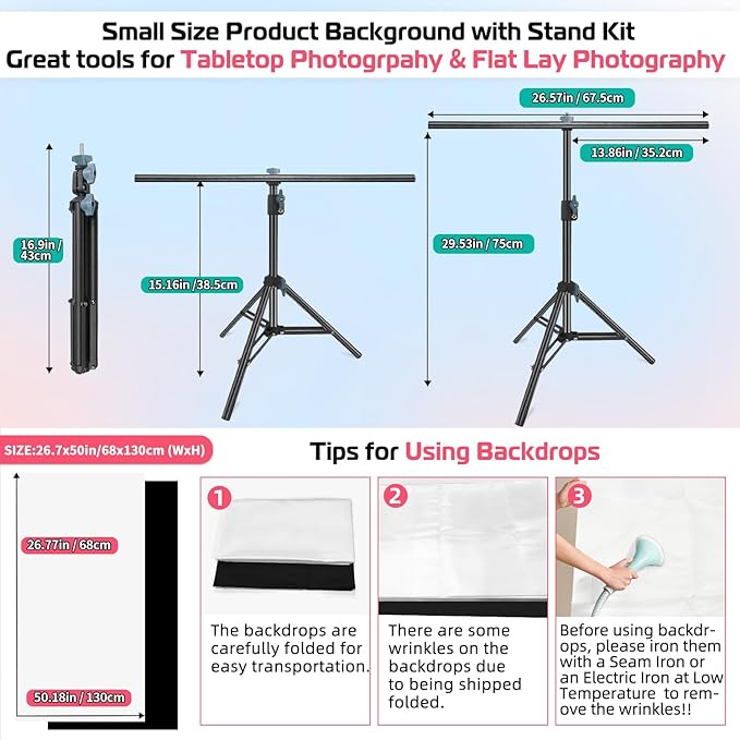 Product Photography Photo Backdrops Stand Kit, Photo Background, 26.8x50in White Black Backdrop Background with 26x29in Small T-Shape Backdrop Stand Tabletop Photo Shoot for Jewelry Cosmetics