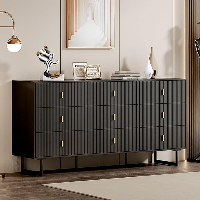 Chrangmay Modern Chest of Drawers with 9 Drawers,Deep Drawers,Clothes Organizer,Large Storage Cabinet for Living Room, Bedroom,Hallway,with Anti-Tipping Device,Dark